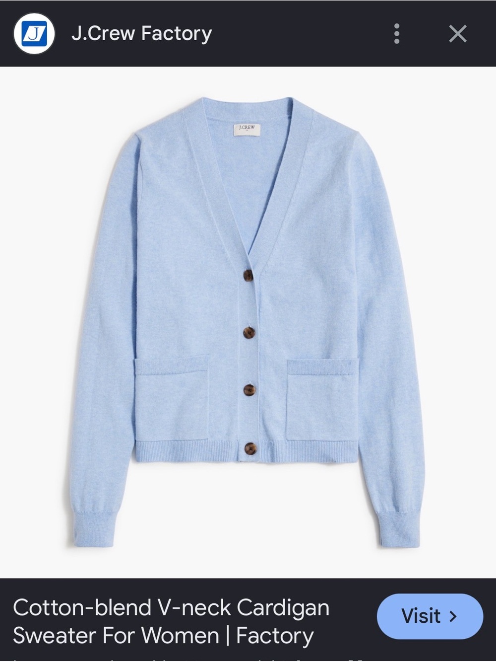 J. Crew Factory Baby Blue V-Neck Cotton-Cashmere Cardigan